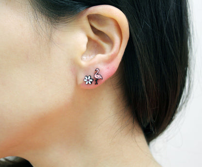 Set of 4 Cute Illustration Earrings, Elephant, Giraffe, Flamingo, Boat, Rainbow Stud earrings