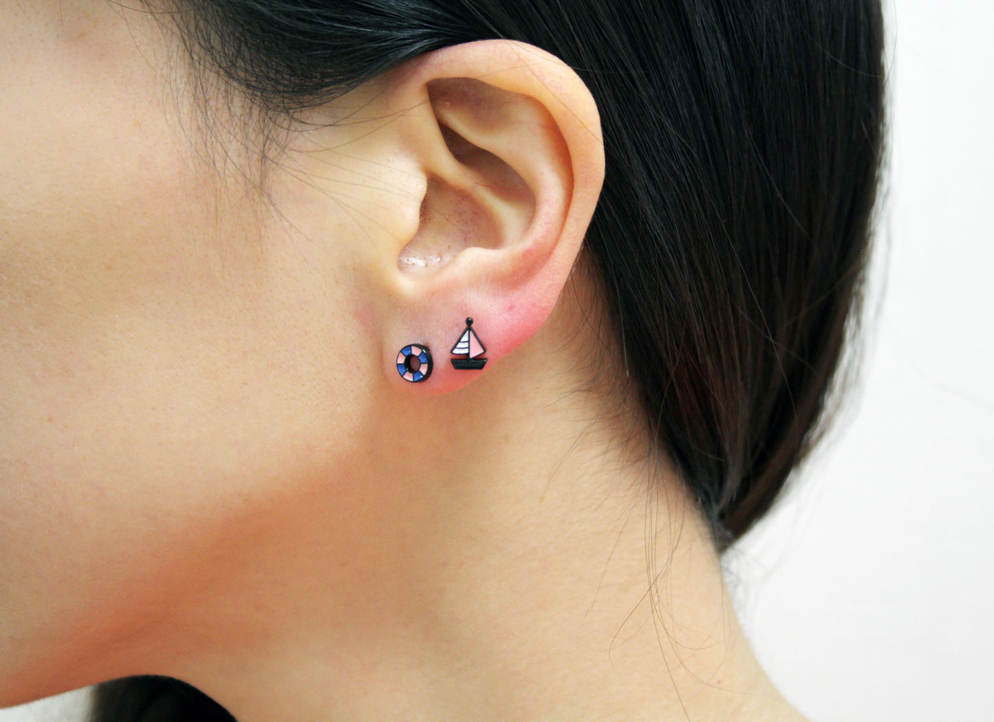 Set of 4 Cute Illustration Earrings, Elephant, Giraffe, Flamingo, Boat, Rainbow Stud earrings