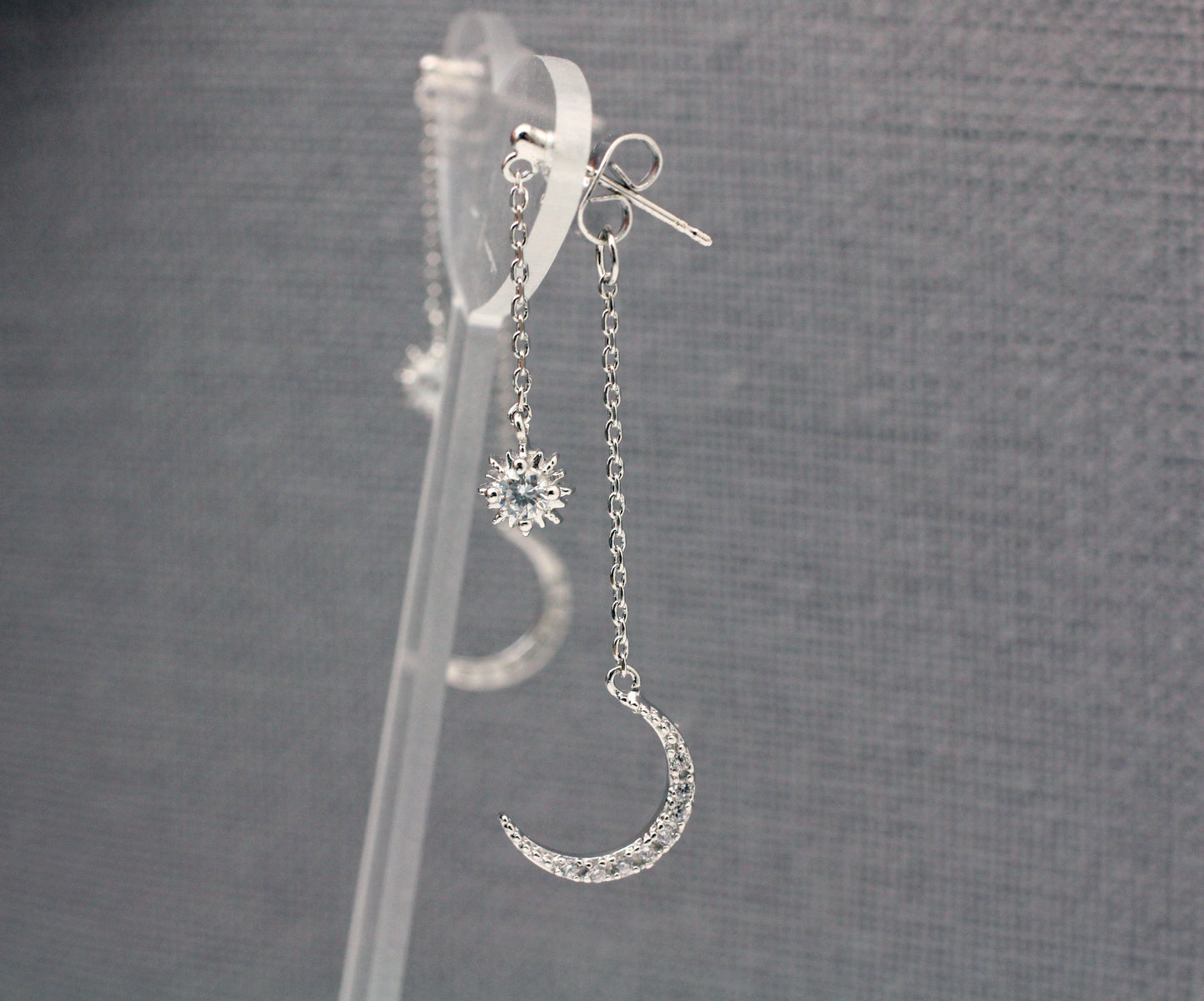 Crescent Moon and Tiny Star Long Chain Earrings ,Dangle Crescent moon and star earrings