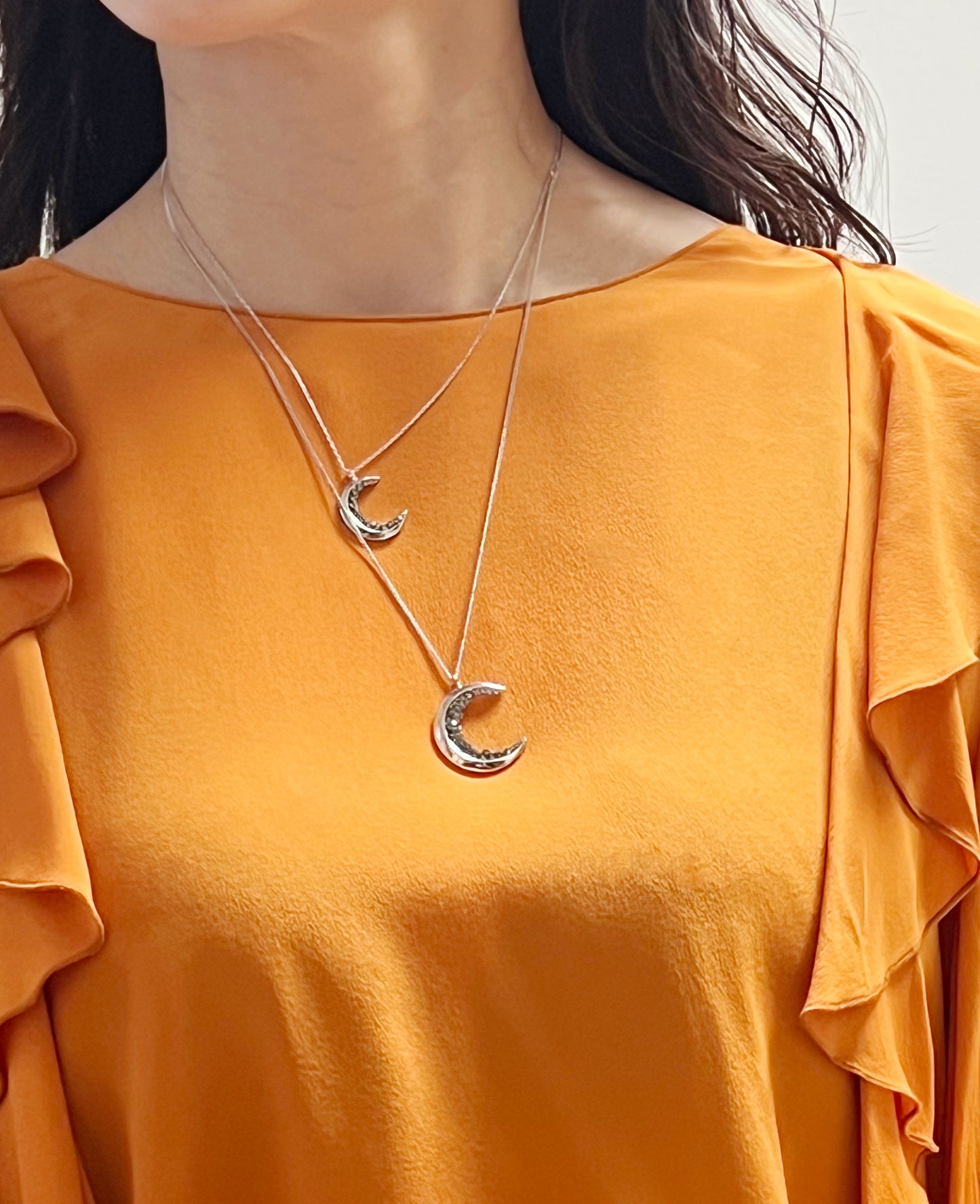 Crescent moon pendant Necklace detailed with Black Diamond Crystals