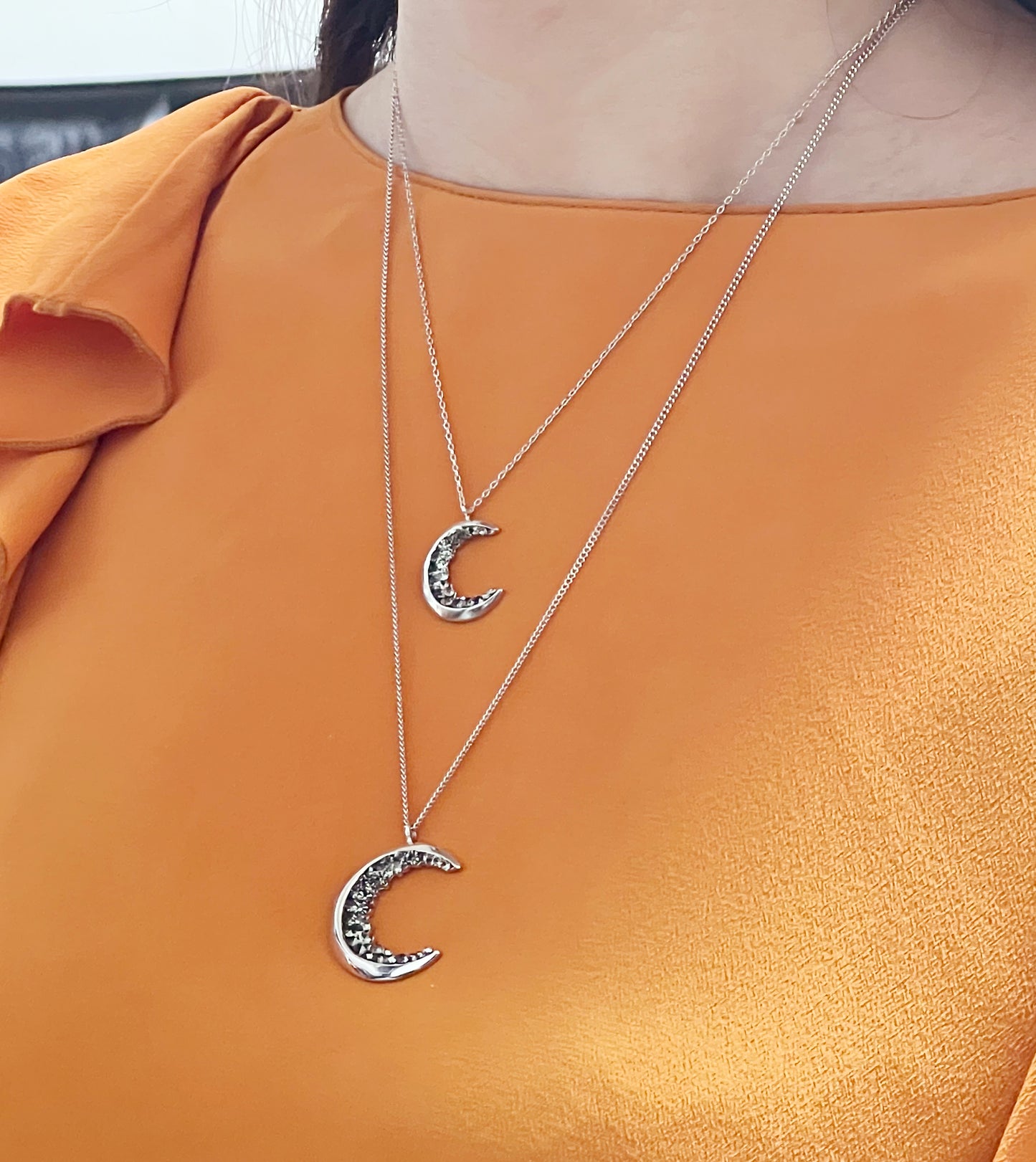 Crescent moon pendant Necklace detailed with Black Diamond Crystals