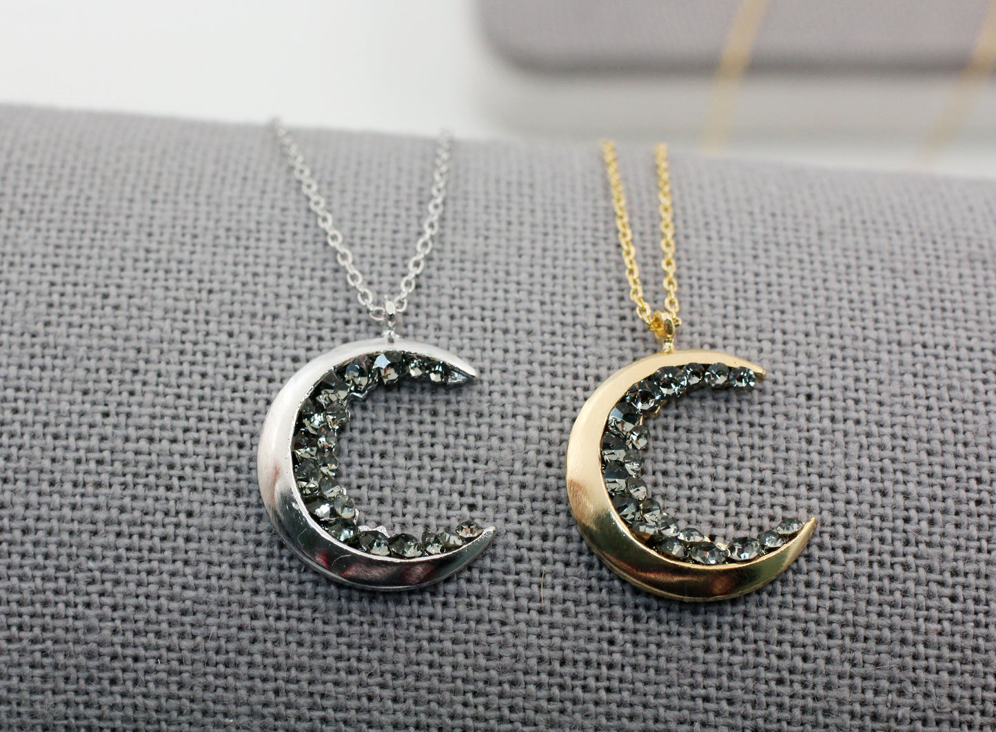 Crescent moon pendant Necklace detailed with Black Diamond Crystals