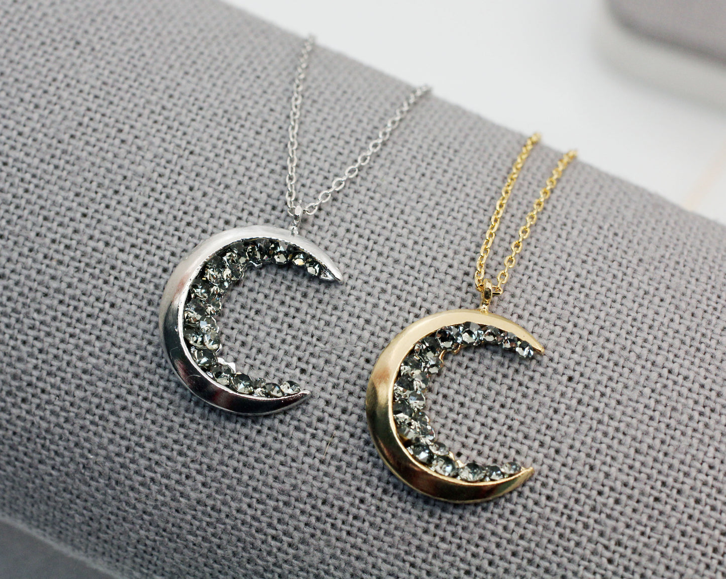 Crescent moon pendant Necklace detailed with Black Diamond Crystals