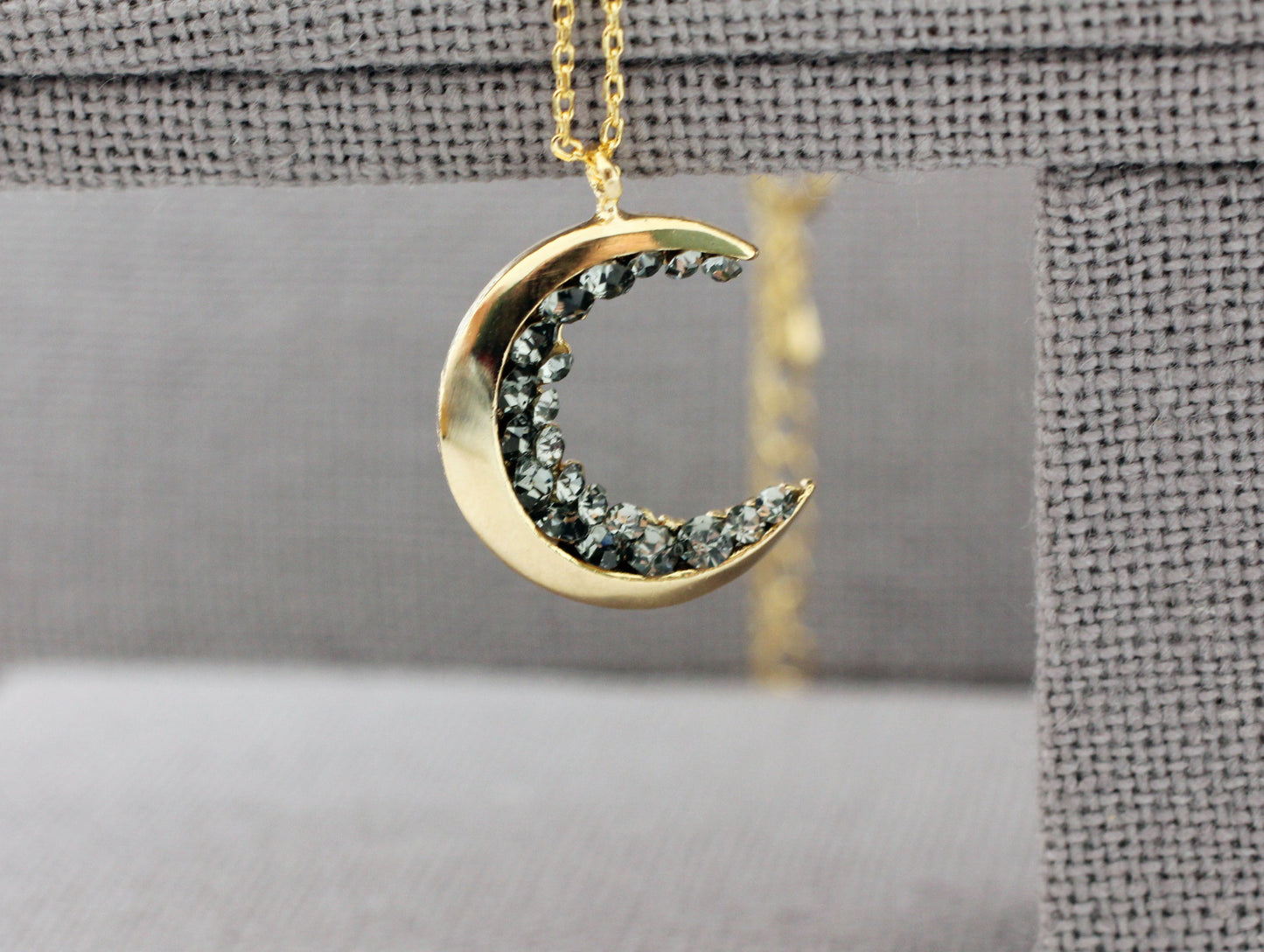 Crescent moon pendant Necklace detailed with Black Diamond Crystals