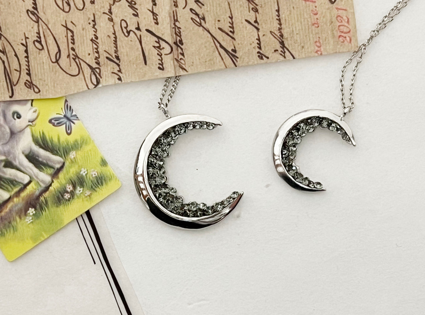 Crescent moon pendant Necklace detailed with Black Diamond Crystals