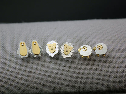 Cute Two color mixed metal animal earrings, Lion earrings, Penguin Earrings, Sheep , Lamb earrings