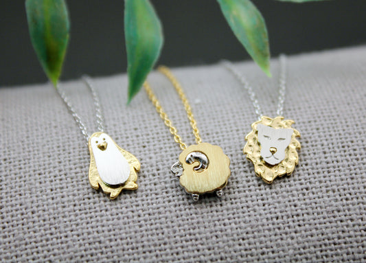 Cute Two color mixed metal animal necklace, Lion necklace, Penguin necklace, Sheep , Lamb necklace