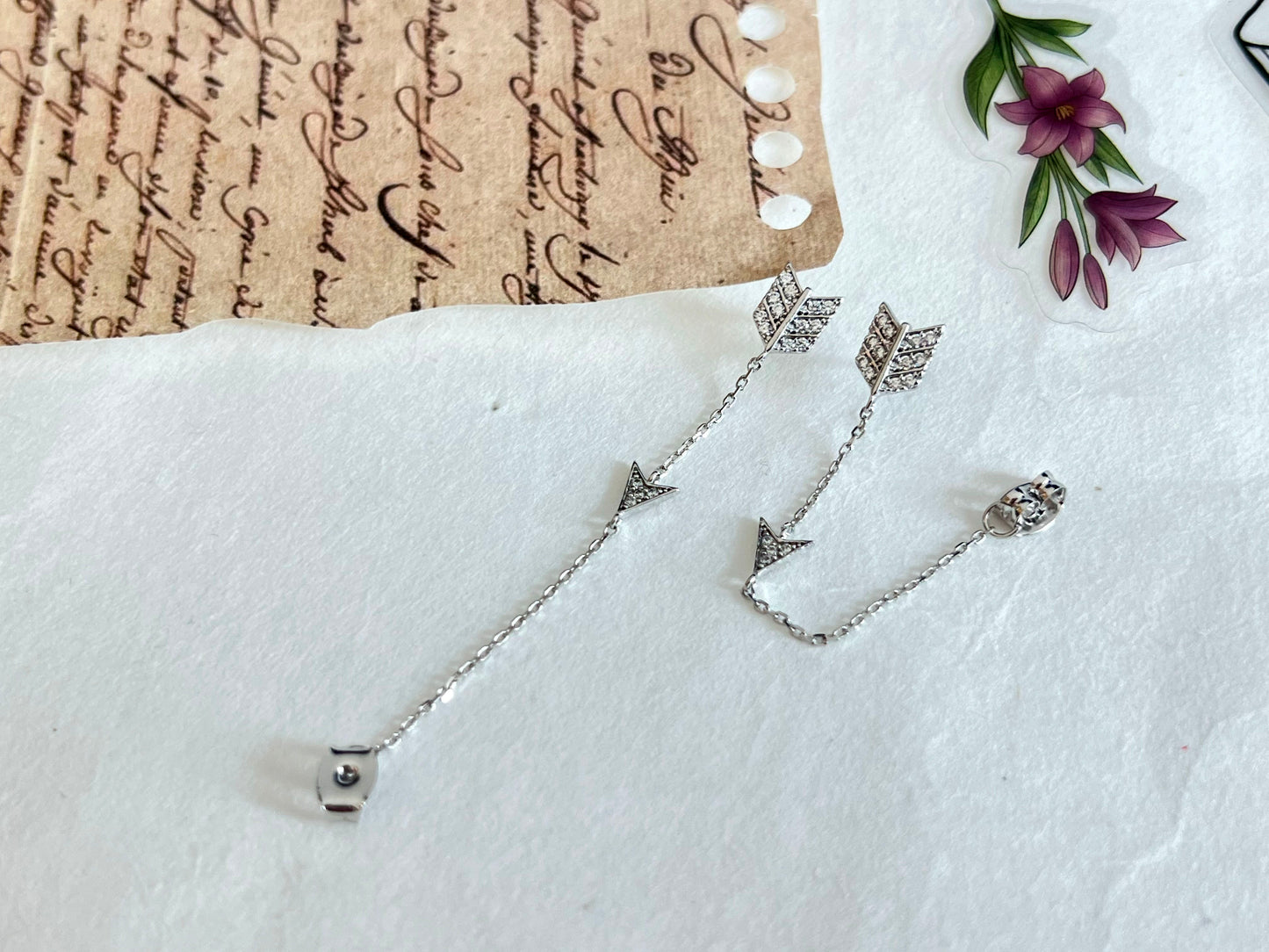 Front Back cubic arrow and chain back Earrings ,Dangle arrow earrings, cubic arrow and chain push back