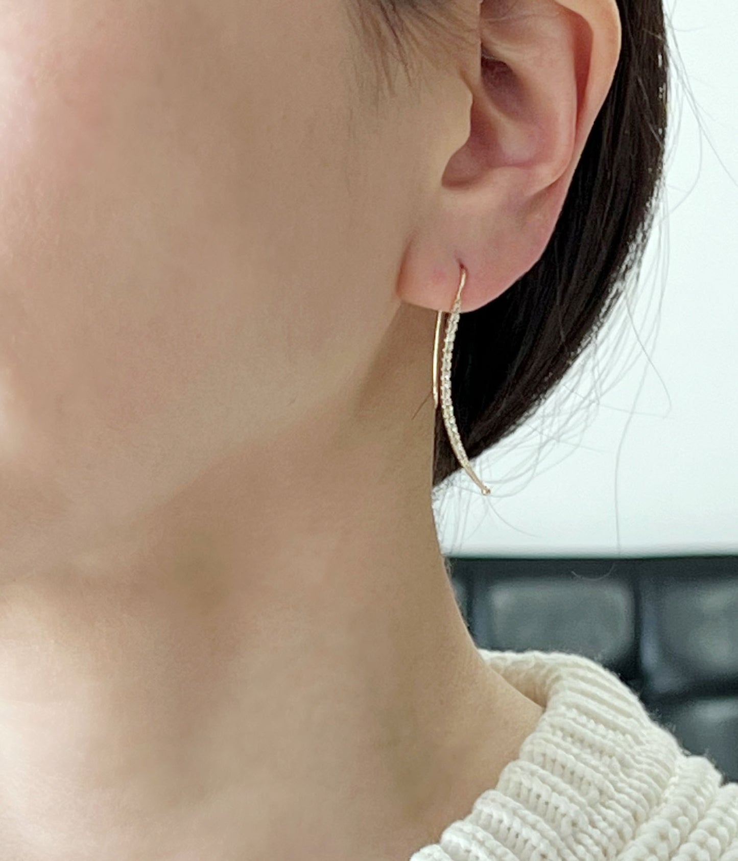 Long Cubic bar drop Ear Pin style earrings, curved cubic bar long earrings