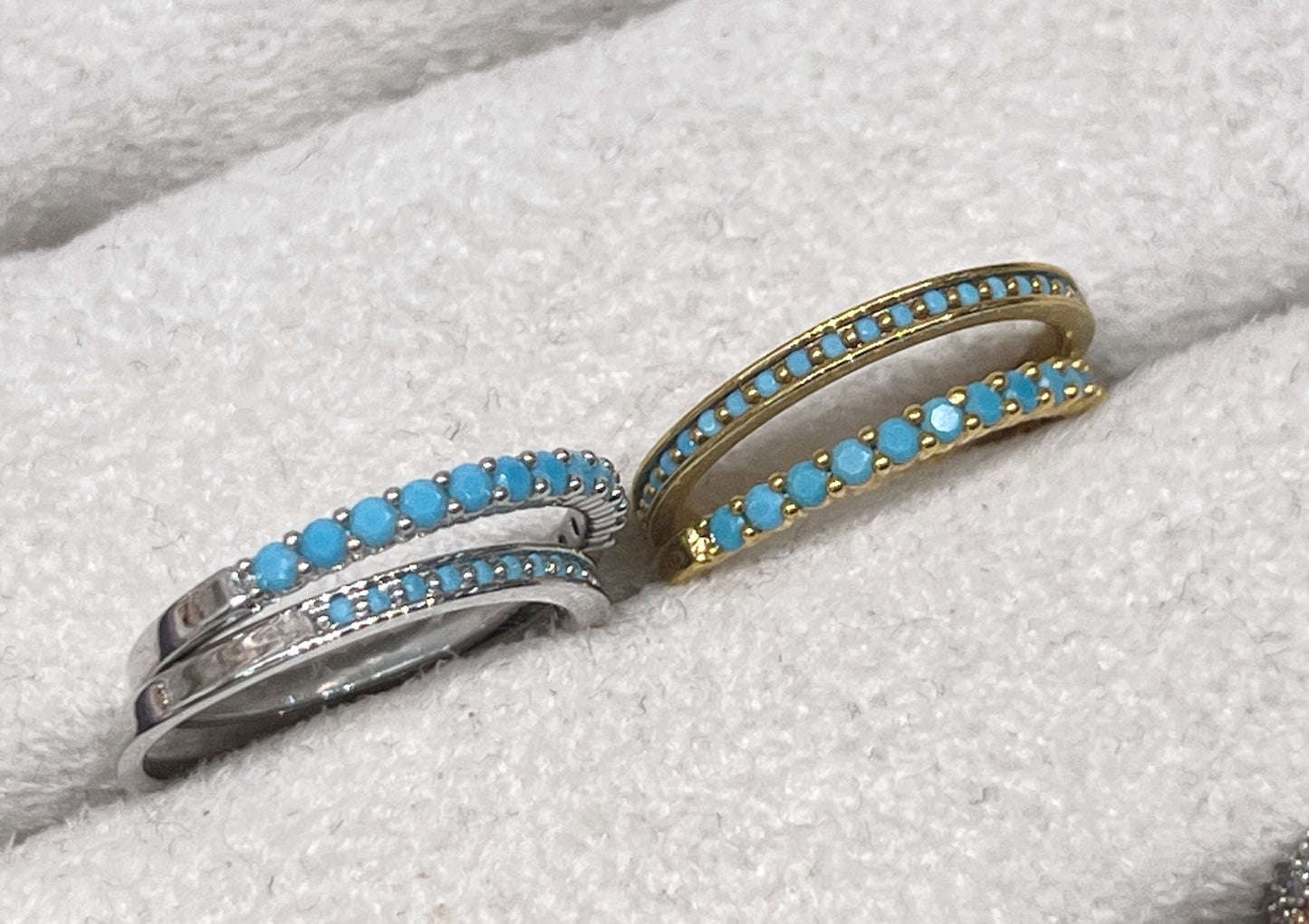 Set of 2 Blue turquoise color cubic stacking band ring 2 Set guard ring