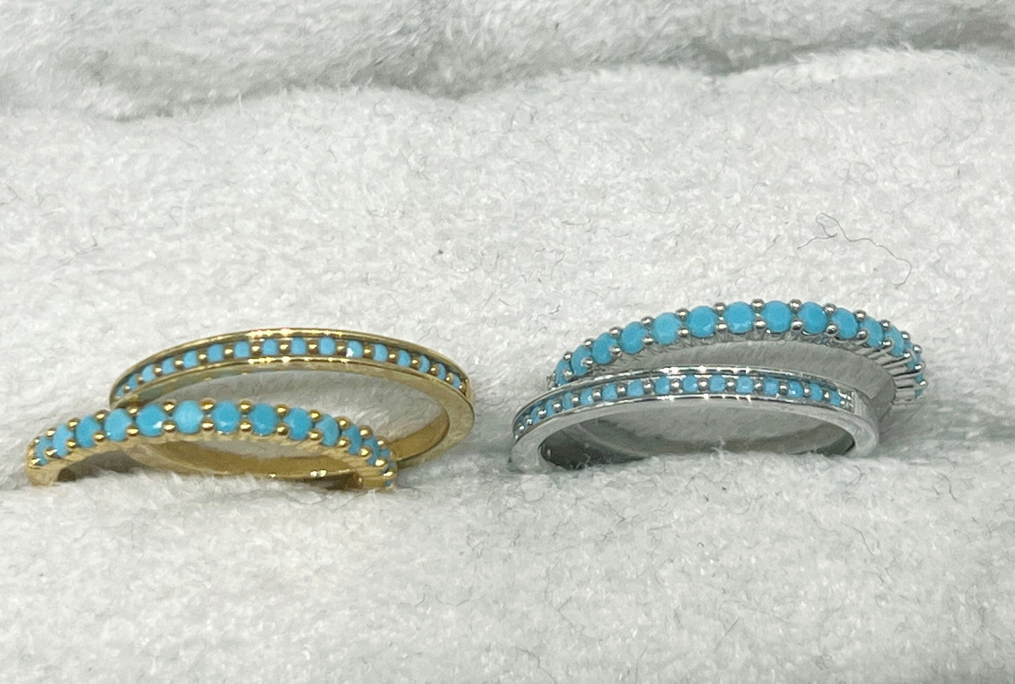 Set of 2 Blue turquoise color cubic stacking band ring 2 Set guard ring