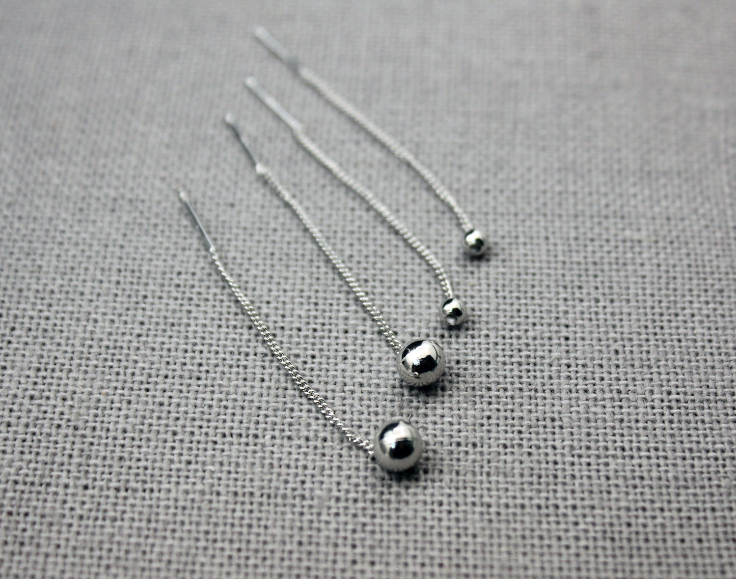 925 Sterling Silver short chain ball Threader, Silver Ball Drops Pull Through Earrings