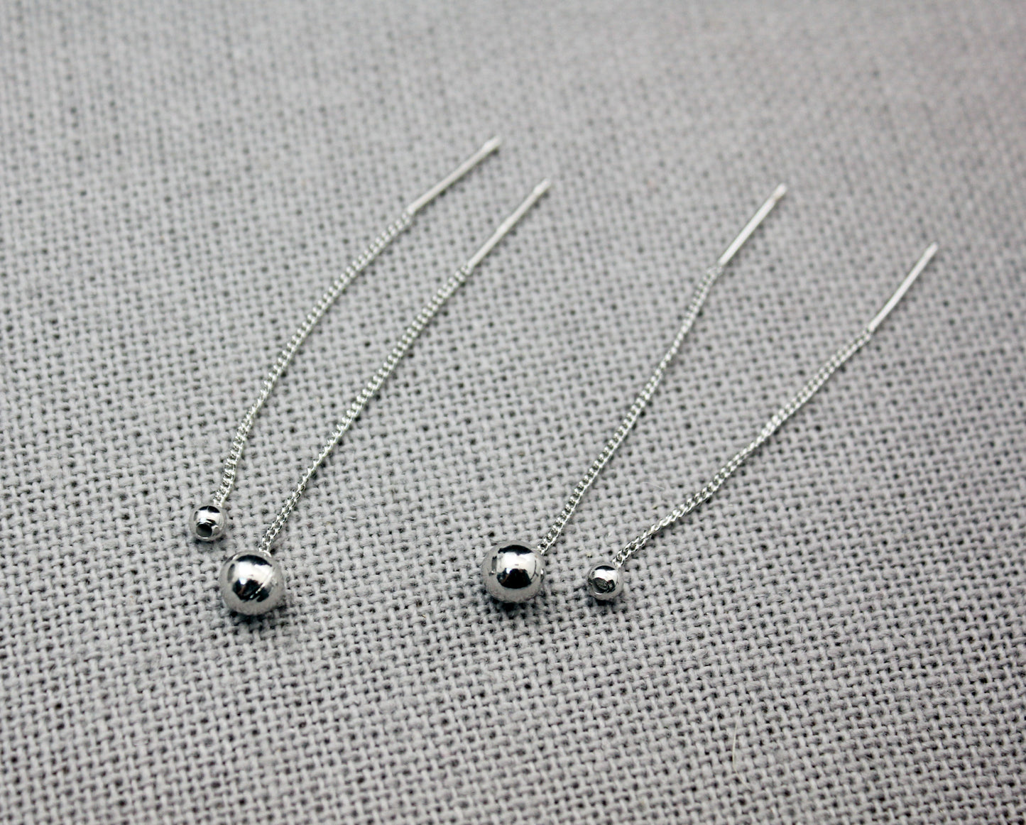 925 Sterling Silver short chain ball Threader, Silver Ball Drops Pull Through Earrings