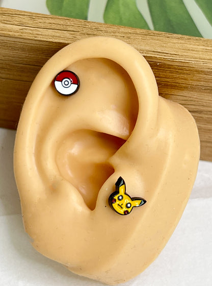 Pikachu, Pokemon ball character Screwback screw back ball, Barbells Ear Piercing ,Surgical Steel Screw Back Ear Stud, Cartilage earrings