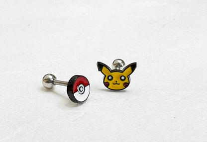 Pikachu, Pokemon ball character Screwback screw back ball, Barbells Ear Piercing ,Surgical Steel Screw Back Ear Stud, Cartilage earrings