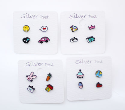 Set of 4 Cute Illustration Earrings, globe, ufo, car, diamond, car, animal, toy Stud earrings