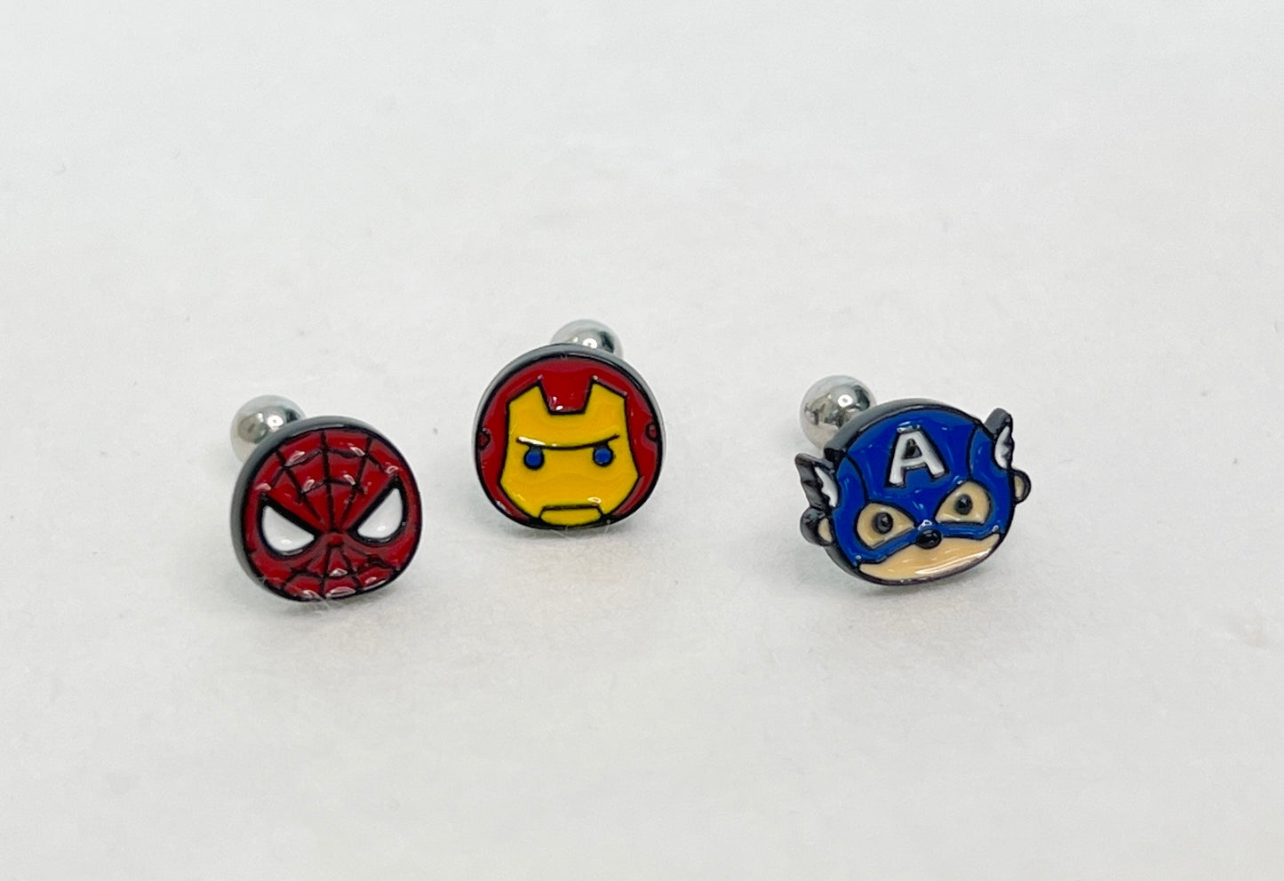 Superhero Screwback Ear Piercing,  The Avengers  Captain America, Iron man Spiderman screw back ball, Barbells Ear Piercing ,Surgical Steel Screw Back Ear Stud,Cartilage earrings