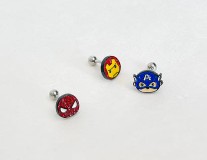 Superhero Screwback Ear Piercing,  The Avengers  Captain America, Iron man Spiderman screw back ball, Barbells Ear Piercing ,Surgical Steel Screw Back Ear Stud,Cartilage earrings