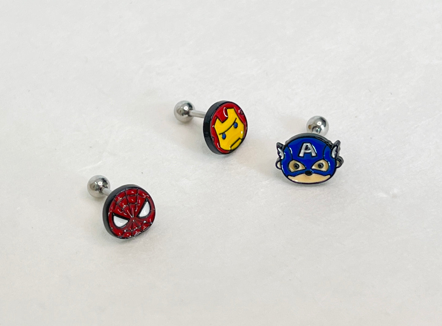 Superhero Screwback Ear Piercing,  The Avengers  Captain America, Iron man Spiderman screw back ball, Barbells Ear Piercing ,Surgical Steel Screw Back Ear Stud,Cartilage earrings