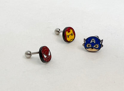 Superhero Screwback Ear Piercing,  The Avengers  Captain America, Iron man Spiderman screw back ball, Barbells Ear Piercing ,Surgical Steel Screw Back Ear Stud,Cartilage earrings