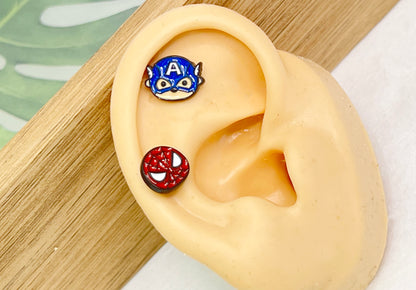 Superhero Screwback Ear Piercing,  The Avengers  Captain America, Iron man Spiderman screw back ball, Barbells Ear Piercing ,Surgical Steel Screw Back Ear Stud,Cartilage earrings