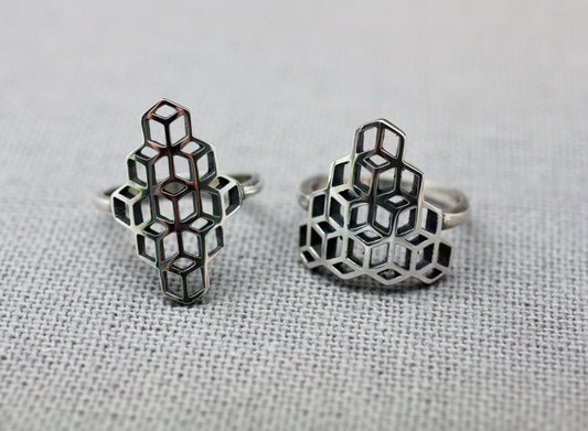 925 Sterling Silver 3D illusion Cubes ring, square polygon ring