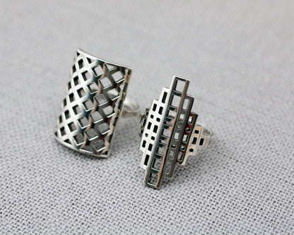 925 Sterling Silver 3D illusion Square shape statement ring, square polygon ring