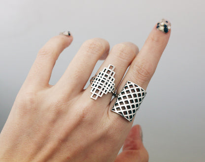 925 Sterling Silver 3D illusion Square shape statement ring, square polygon ring
