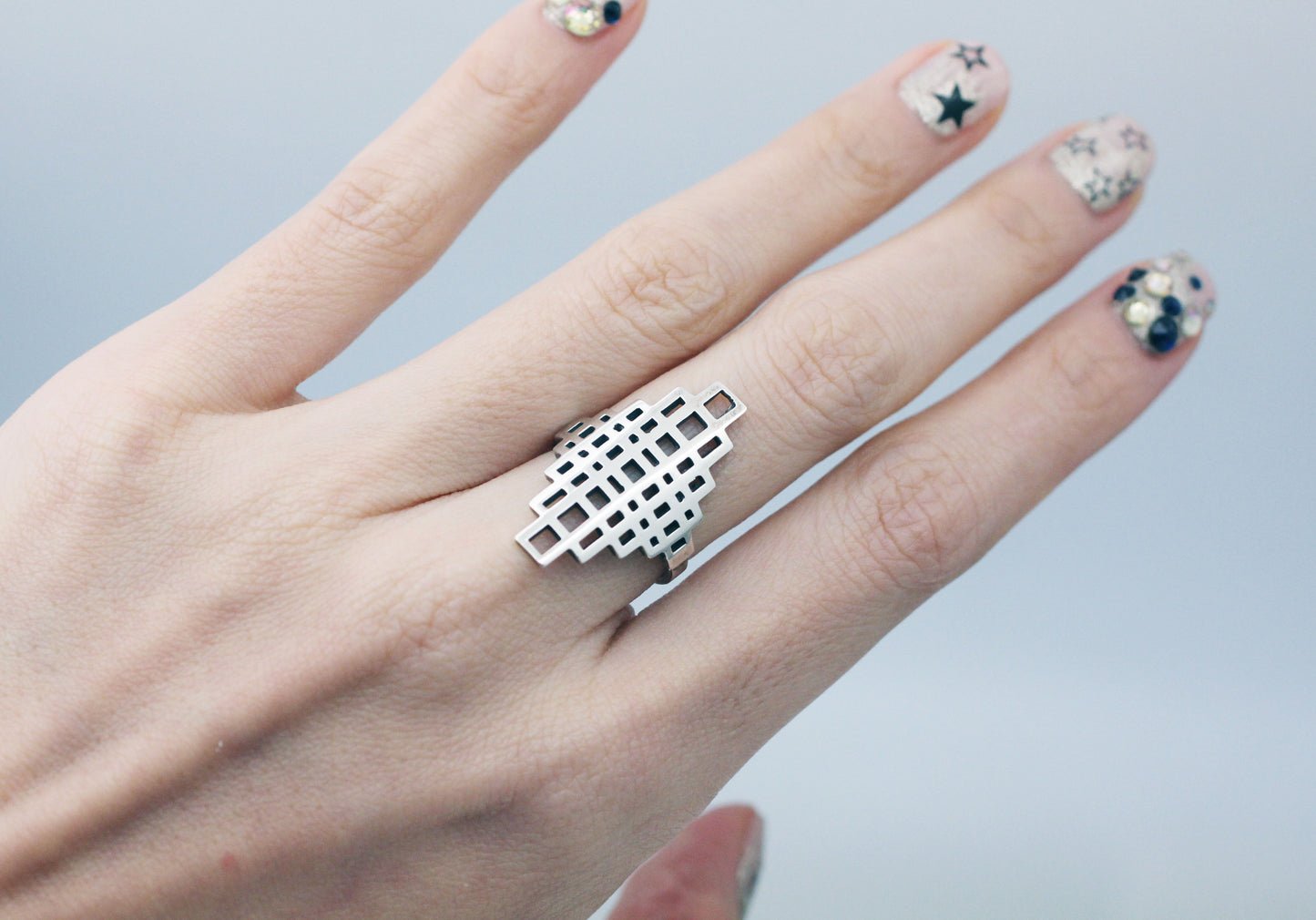 925 Sterling Silver 3D illusion Square shape statement ring, square polygon ring