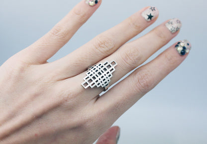 925 Sterling Silver 3D illusion Square shape statement ring, square polygon ring