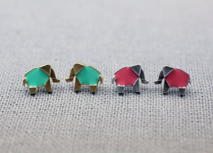 Cute Origami Elephant stud earrings pointed with glossy clear epoxy resin, color elephant earrings