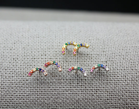 925 silver Tiny Curved Bar earrings with multi cubic zirconia ,rainbow color cubic arches  Earrings