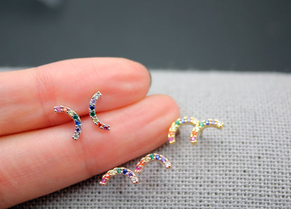 925 silver Tiny Curved Bar earrings with multi cubic zirconia ,rainbow color cubic arches  Earrings