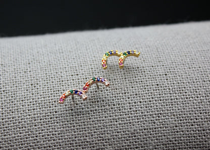 925 silver Tiny Curved Bar earrings with multi cubic zirconia ,rainbow color cubic arches  Earrings