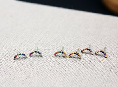 925 silver Tiny Curved Bar earrings with multi cubic zirconia ,rainbow color cubic arches  Earrings