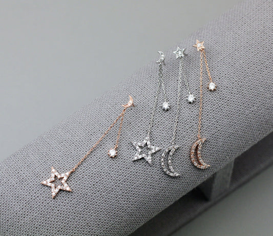 Cubic Crescent Moon and Star Long Chain Earrings ,Dangle Crescent moon and star unbalance earrings