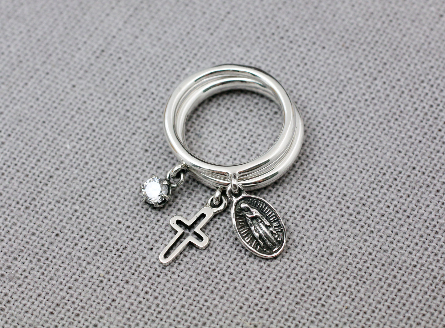 925 Sterling Silver A Set of 3 Miraculous Virgin Mary Medal and Cross Ring