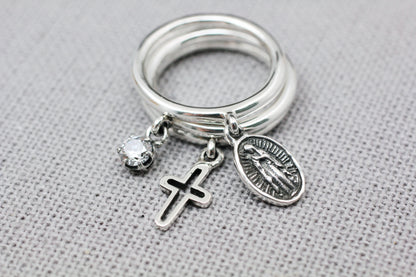 925 Sterling Silver A Set of 3 Miraculous Virgin Mary Medal and Cross Ring