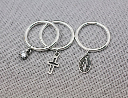 925 Sterling Silver A Set of 3 Miraculous Virgin Mary Medal and Cross Ring