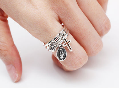 925 Sterling Silver A Set of 3 Miraculous Virgin Mary Medal and Cross Ring