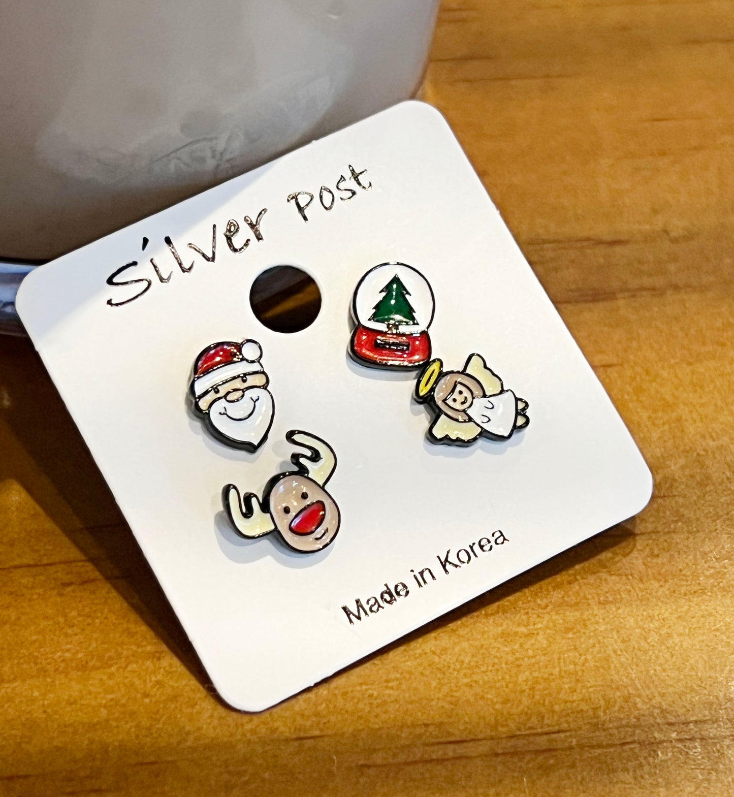 Set of 4 Tiny and Cute illustration Christmas Earrings, Santa Claus,Christmas tree,gingerman breads,angel,snow ball