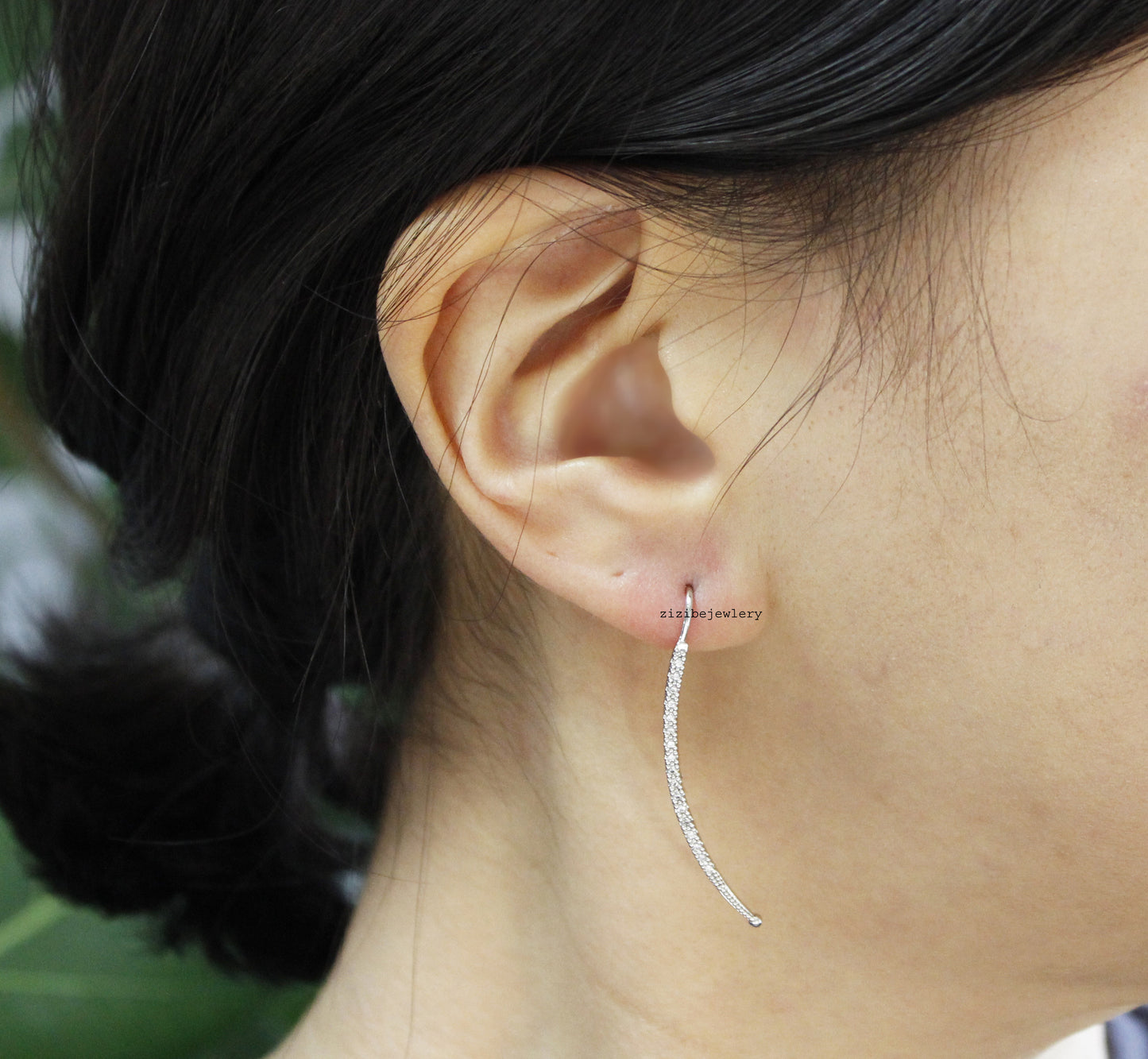 Long Cubic bar drop Ear Pin style earrings, curved cubic bar long earrings