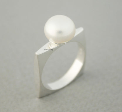 925 Sterling Silver Simple fresh water pearl  square Ring ,R0679G
