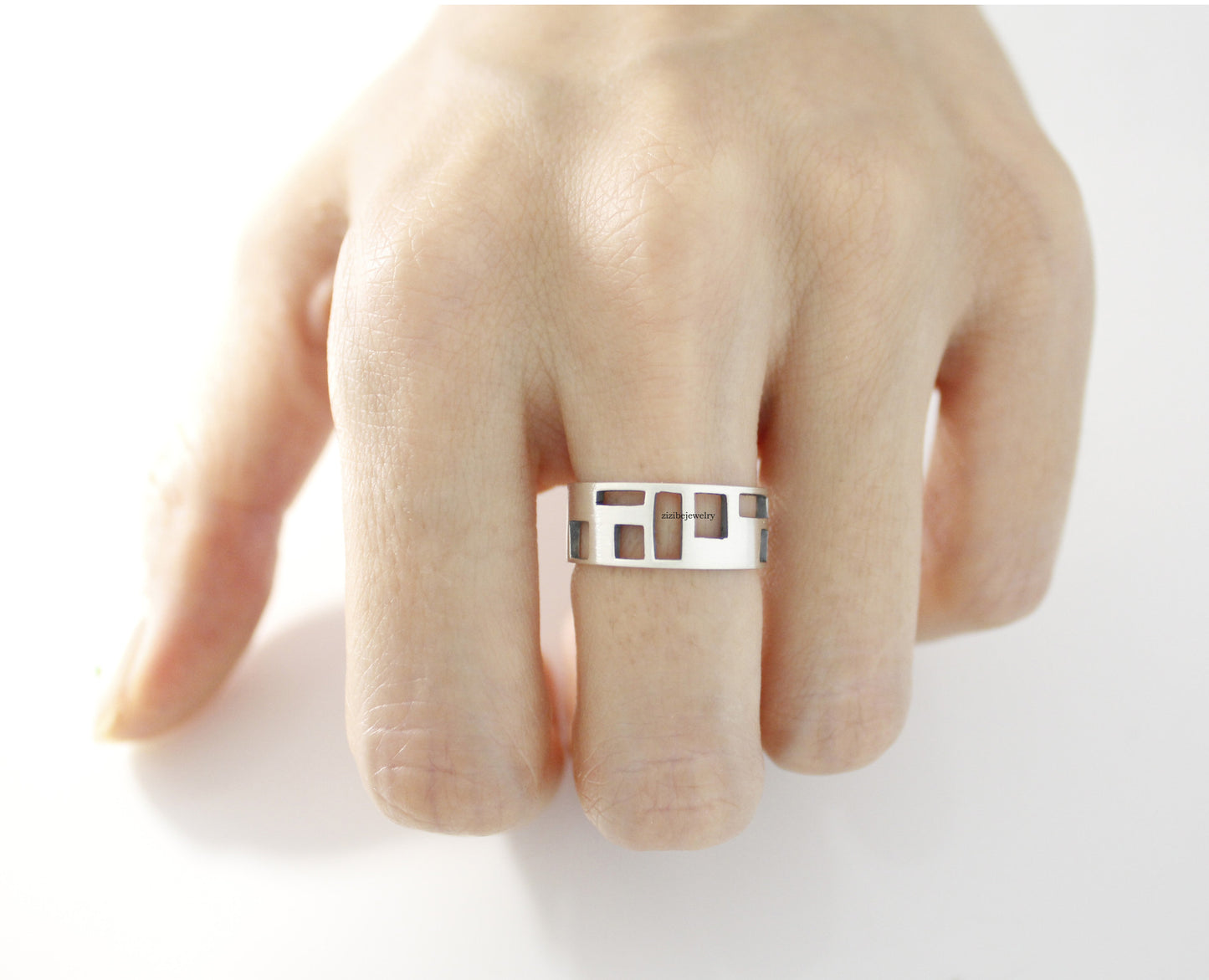 925 Sterling Silver Cut Out Square geometry thick band Ring, R0680G