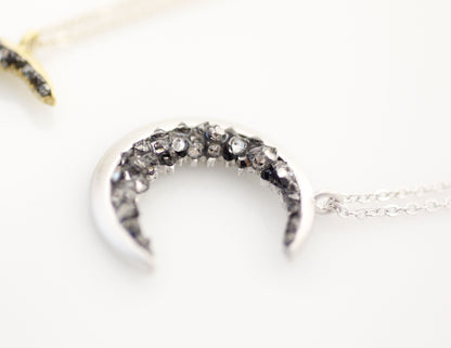 Crescent moon pendant Necklace detailed with Black Diamond Crystals, Long Crescent moon Necklace