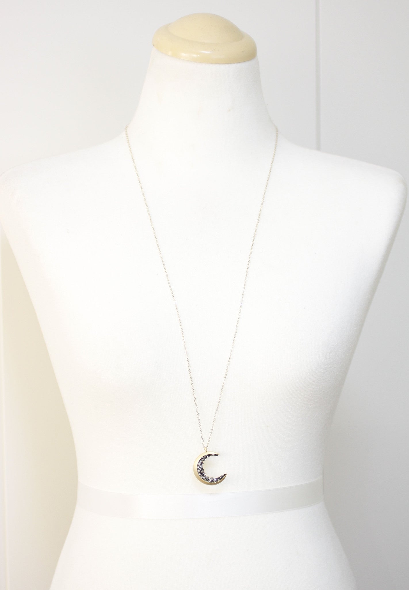 Crescent moon pendant Necklace detailed with Black Diamond Crystals, Long Crescent moon Necklace