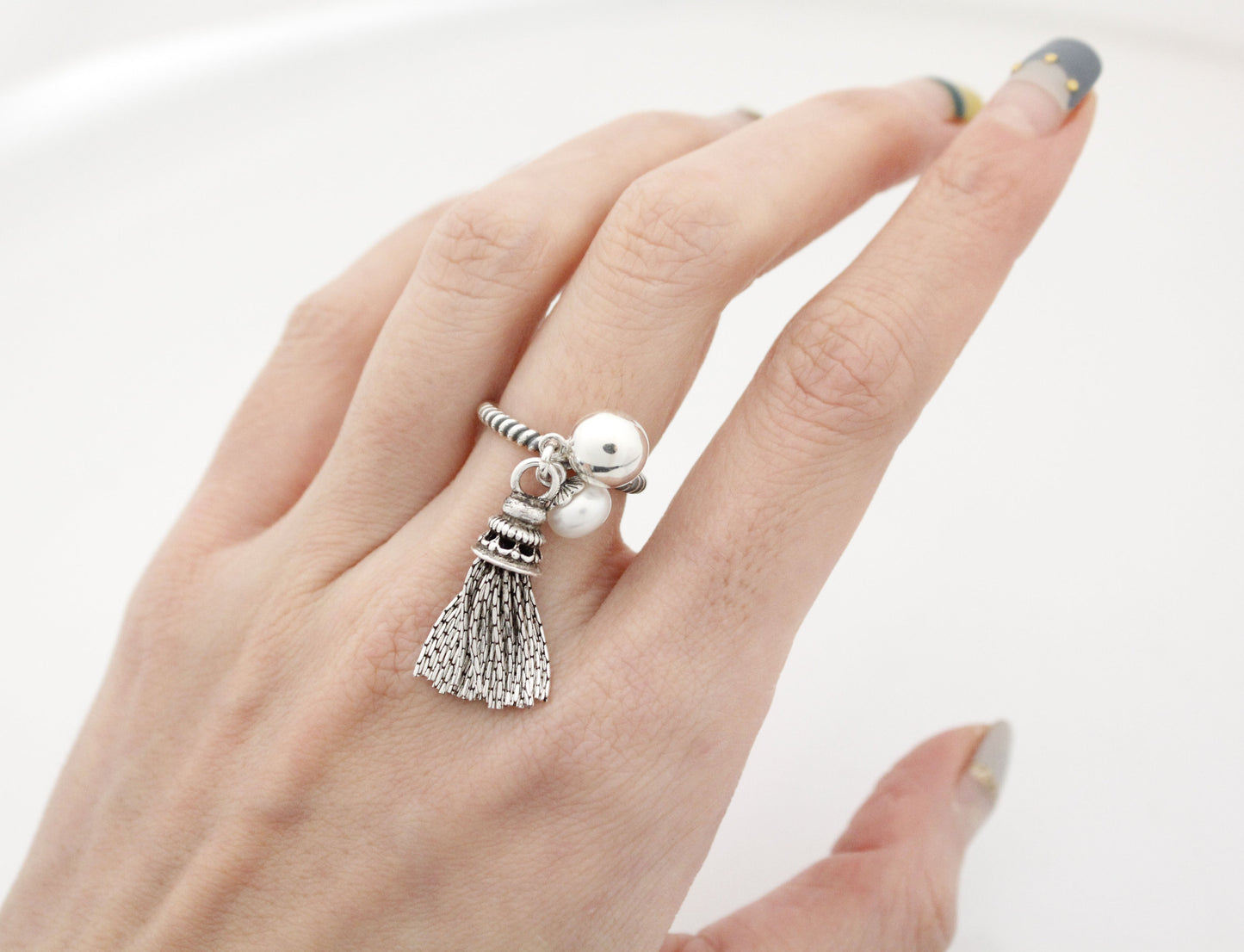 925 Sterling Silver Tassel and Fresh Water Pearl, Silver ball dangle Ring, R0926S