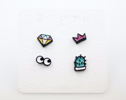 Set of 4 Cute Illustration Earrings, globe, ufo, car, diamond, car, animal, toy Stud earrings