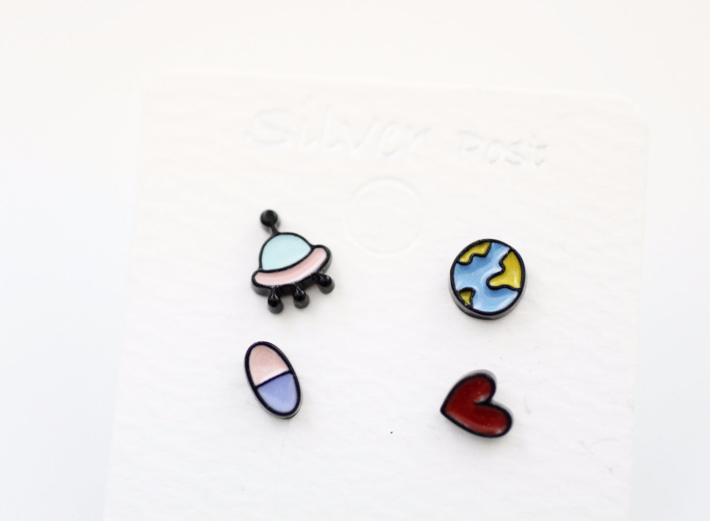 Set of 4 Cute Illustration Earrings, globe, ufo, car, diamond, car, animal, toy Stud earrings