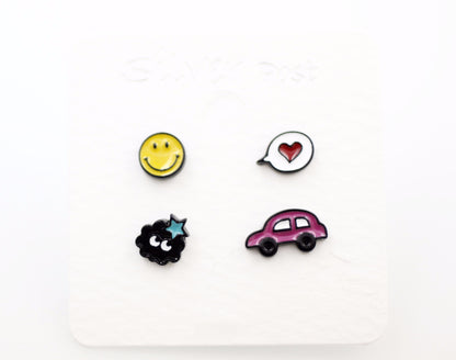 Set of 4 Cute Illustration Earrings, globe, ufo, car, diamond, car, animal, toy Stud earrings